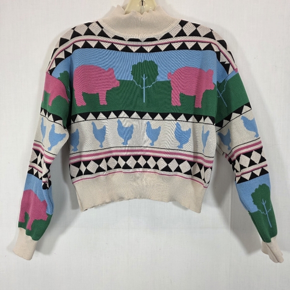 Daisy Street Sweaters - Daisy Street Farm Animal Cropped Sweater - Pink Pigs & Blue Chickens - US L